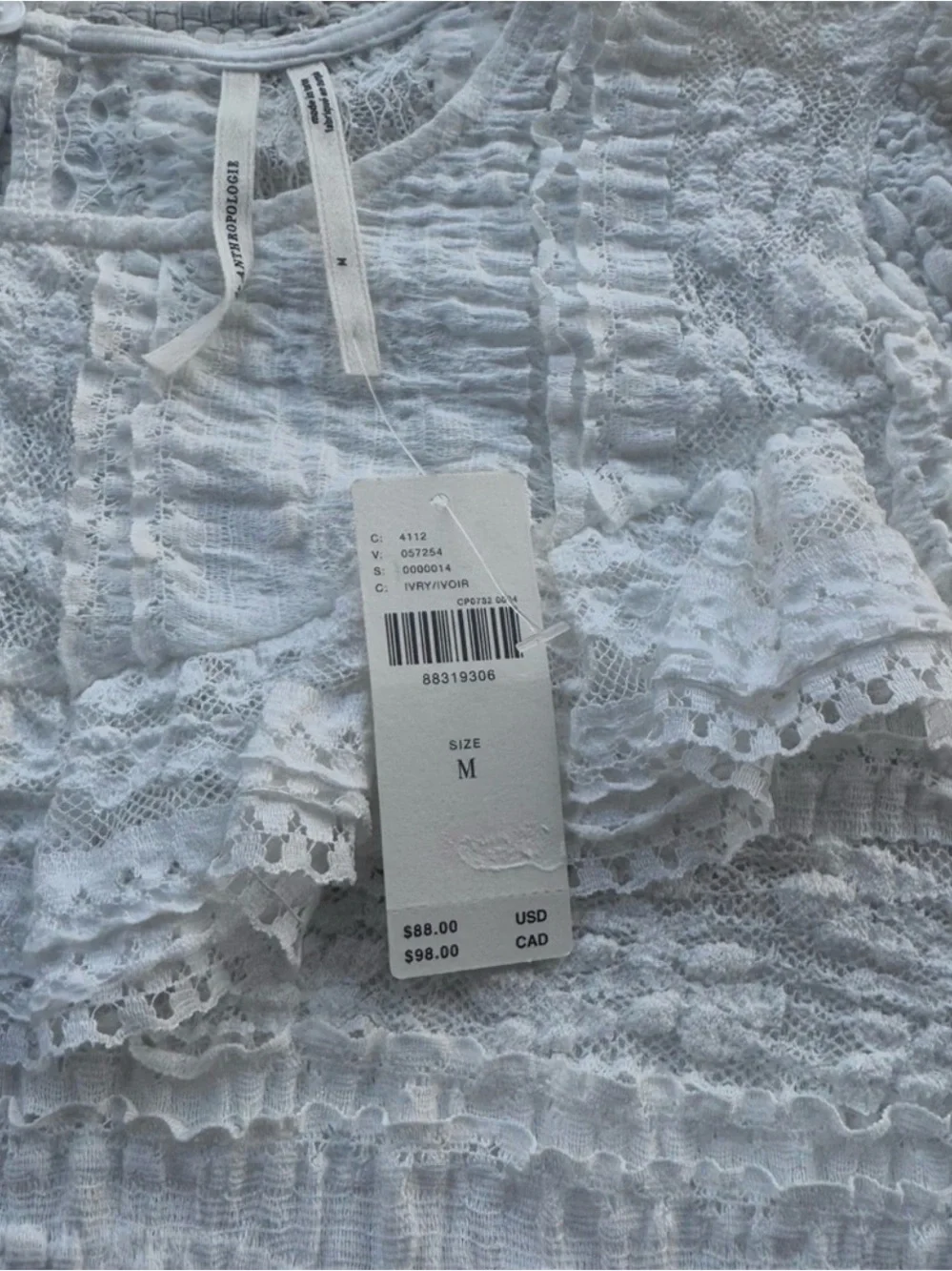 Anthropologie NWT White Boho Cottagecore Lace Smocked Blouse Medium